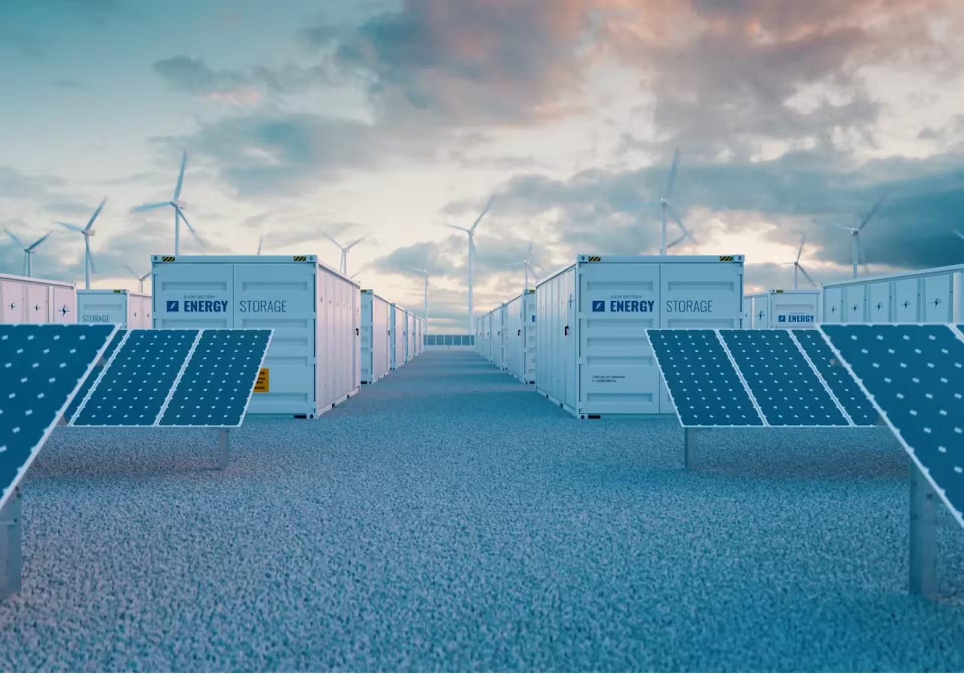 Solar panels in front of BESS containers