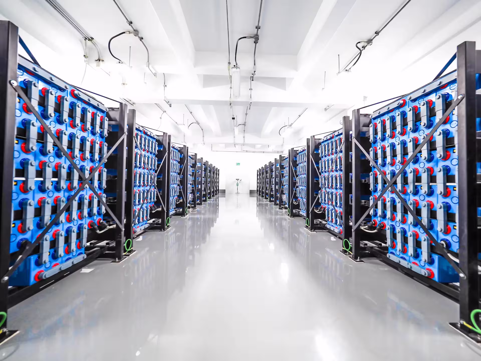 Large room filled with rows of blue and black battery racks, illuminated by overhead lights.