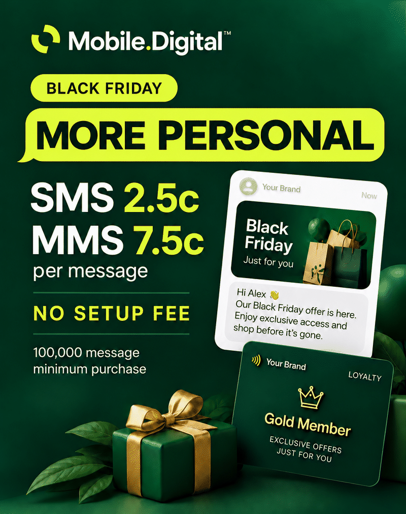 MobileDigital Black Friday offer: SMS 2.5c and MMS 7.5c per message, no setup fee, shown with a personalised MMS and a Gold Member wallet pass