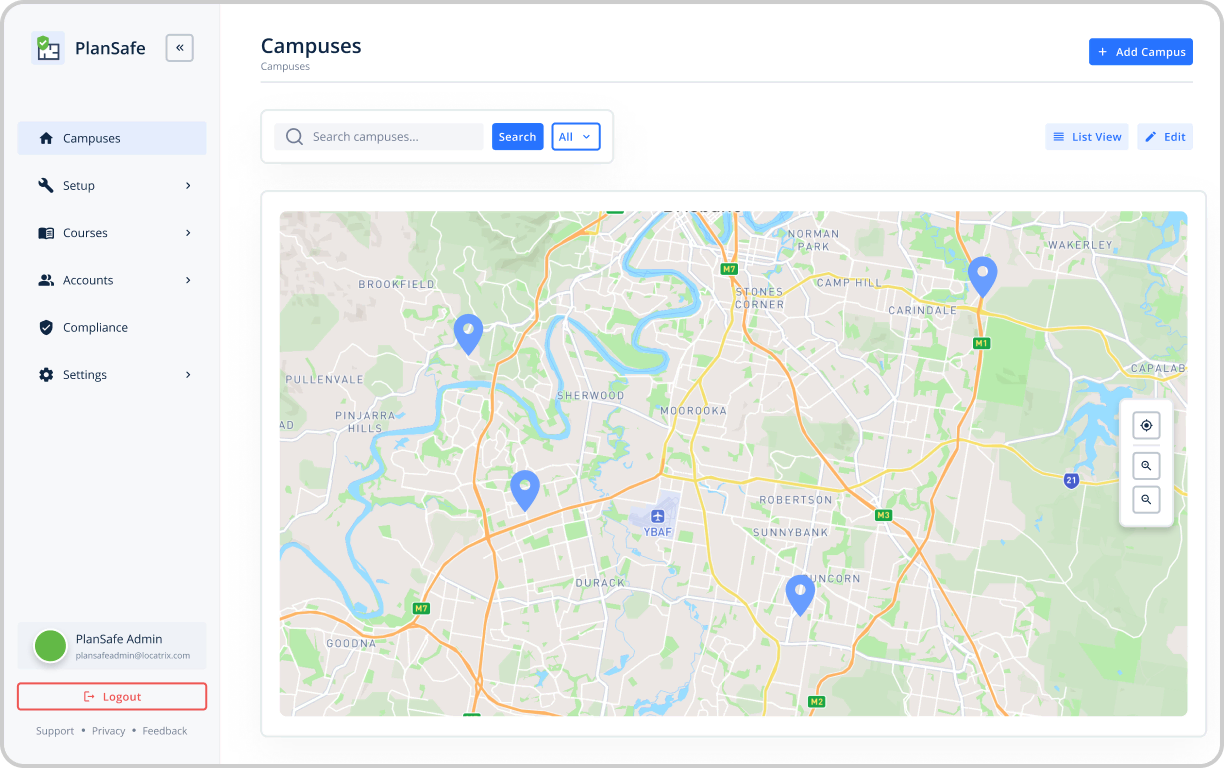 A screenshot of the PlanSafe interface with a map of campus locations.