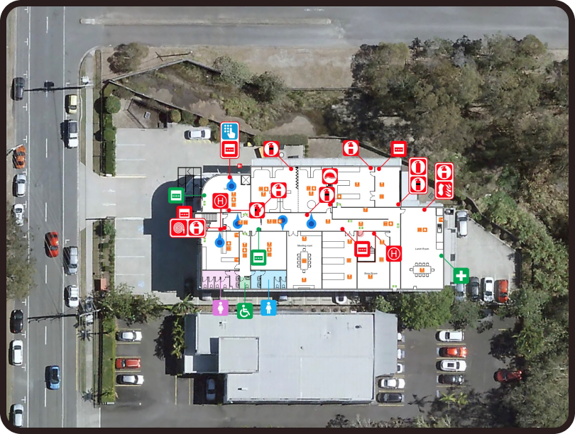 Aerial view of a building floor plan overlaid on a satellite image, showing fire safety and emergency.