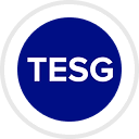 A blue and white logo with the word tesg.