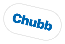 A white and blue logo with the word chubb on it.