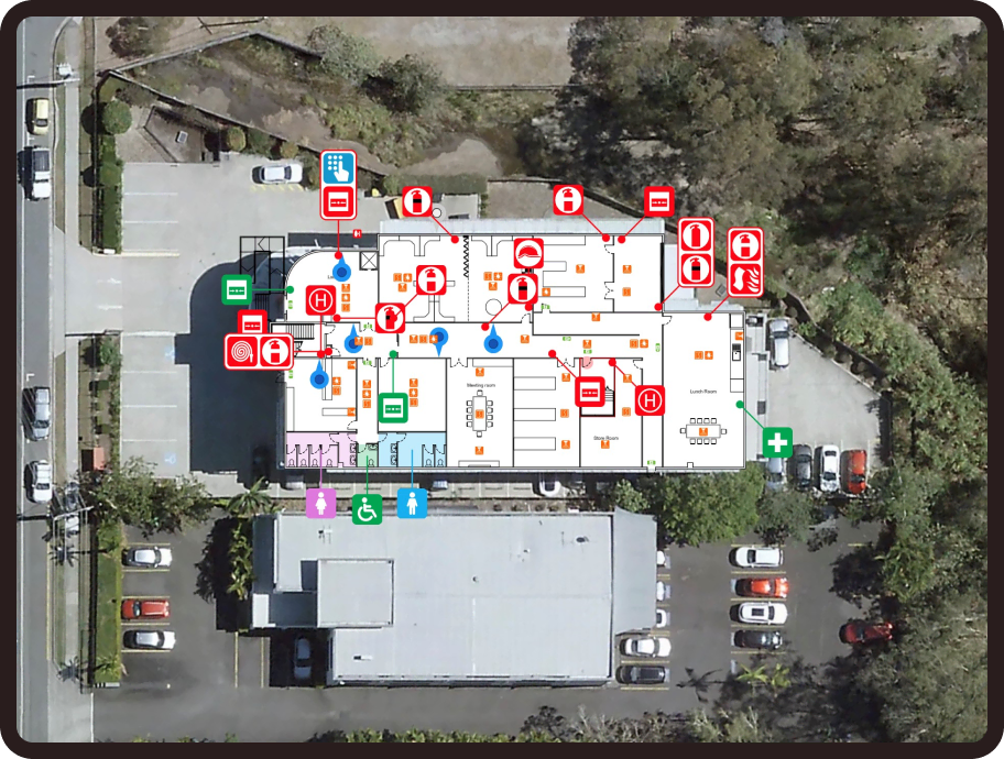 Aerial view of a building floor plan overlaid on a satellite image, showing fire safety and emergency