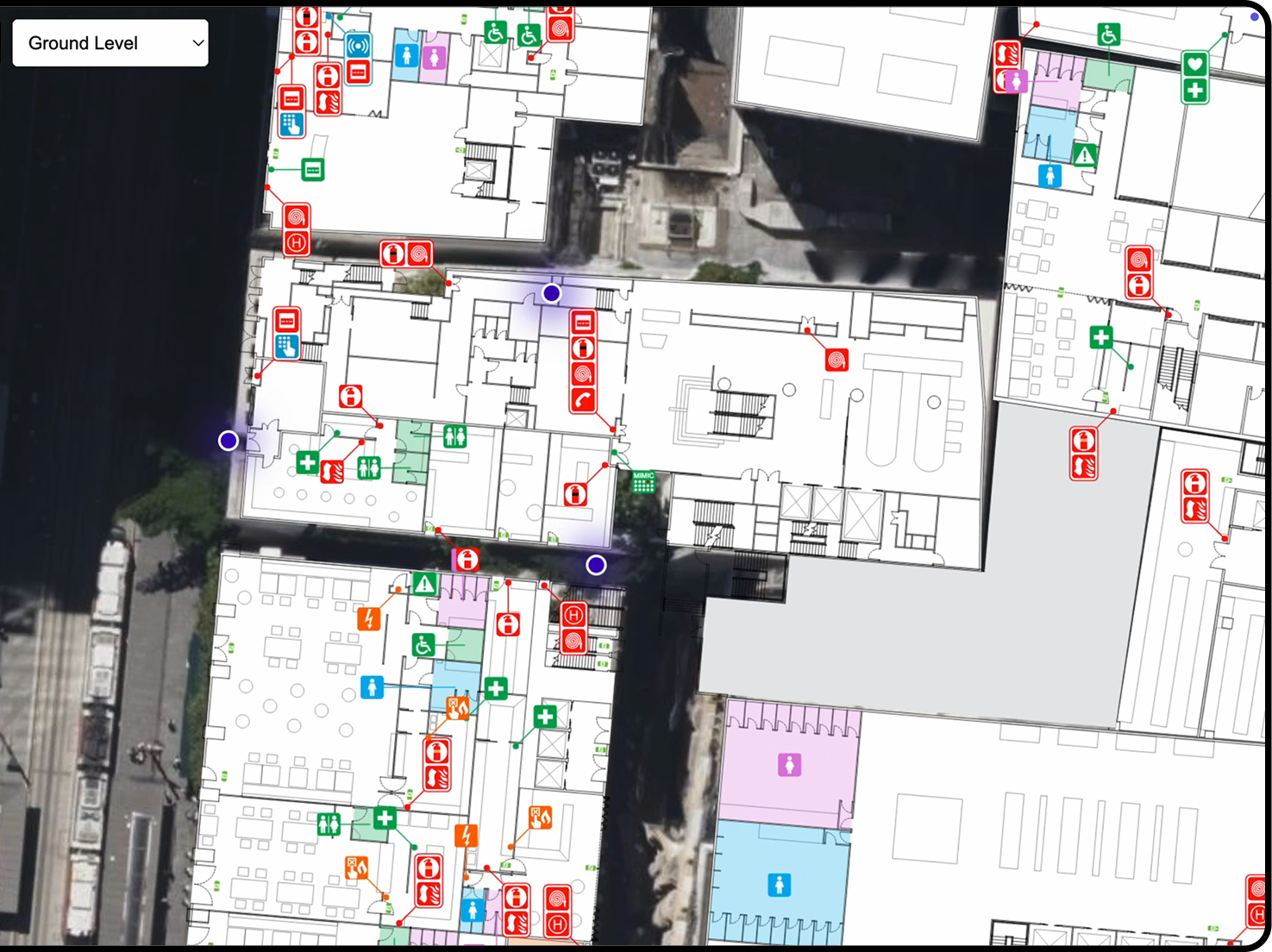 Building floor plan overlaid on a satellite map