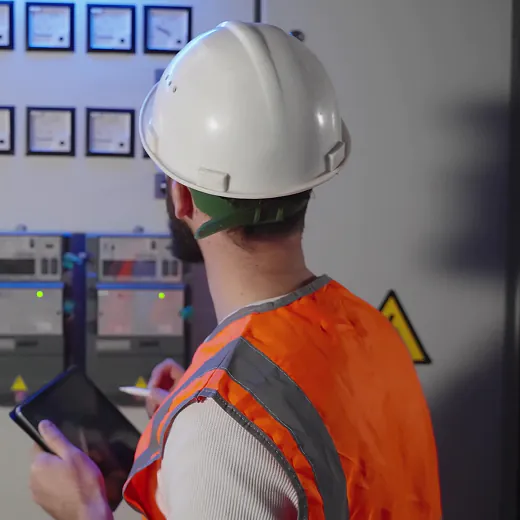 A man in an orange safety vest holding a tablet.