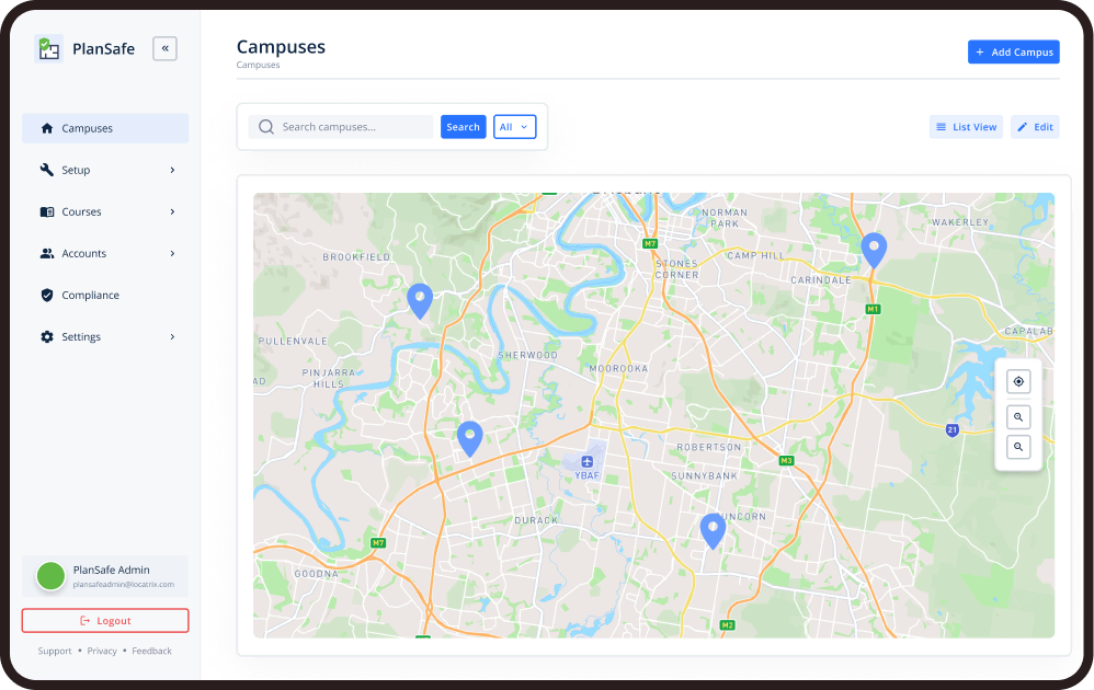 A screenshot of the PlanSafe interface with a map of campus locations.