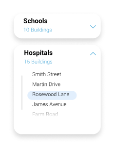 A screenshot of a list of schools and hospital buildings.
