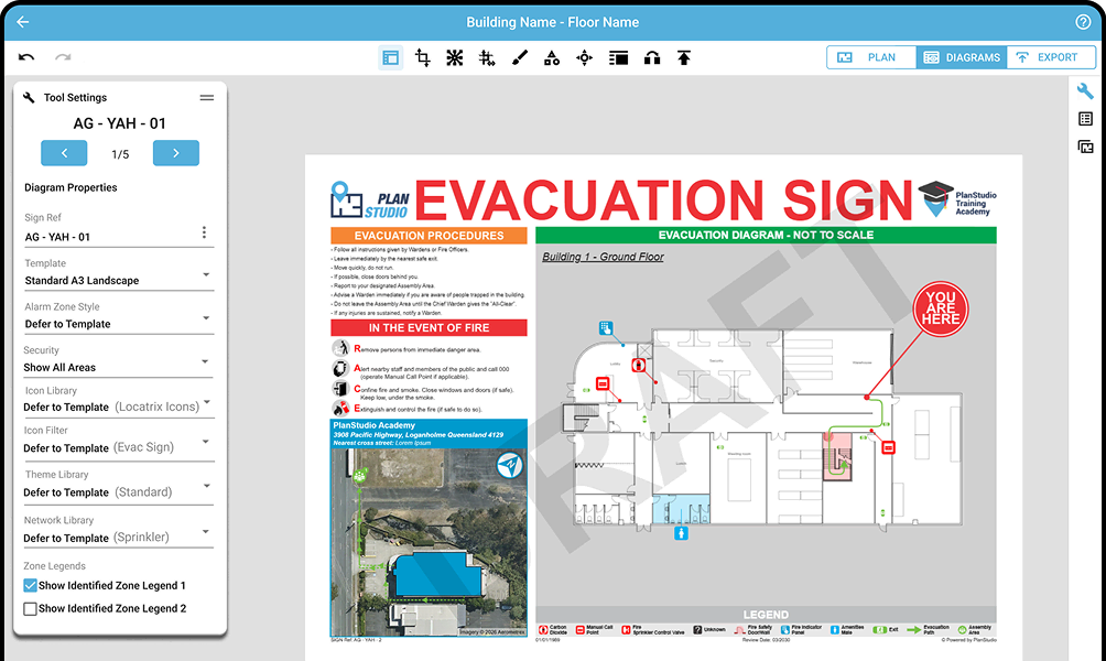 Screenshot of a floor plan drafting software interface displaying an evacuation sign preview.
