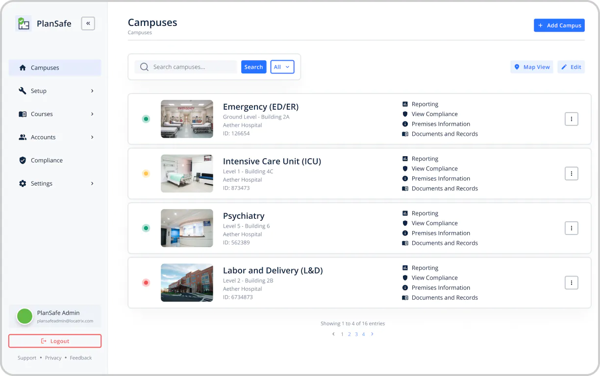 A screenshot of the PlanSafe software dashboard showing the Campuses page.