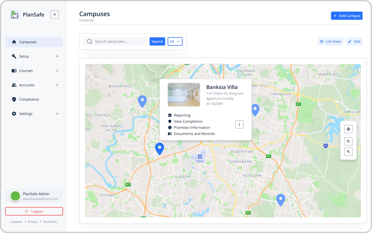 A screenshot of the PlanSafe software dashboard showing the Campuses page.