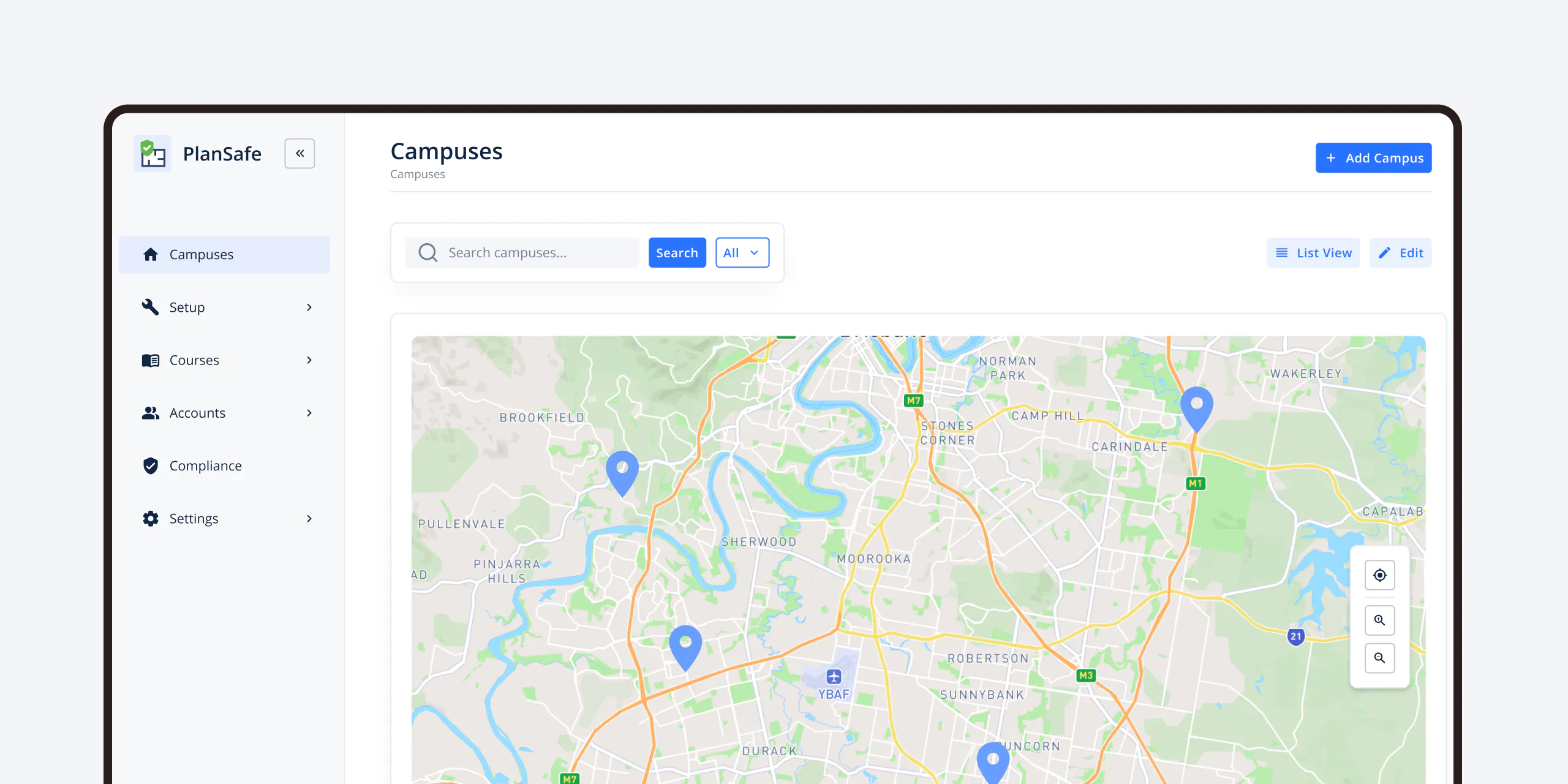 A screenshot of the PlanSafe platform showing a map