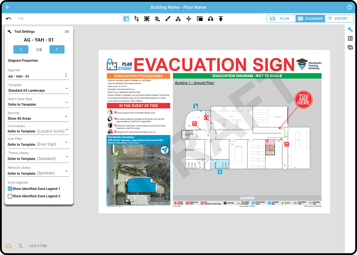 A screen shot of PlanStudio software with an evacuation sign on it.