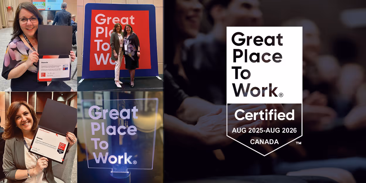 Associa BC team members proudly display Great Place to Work® Canada certifications and awards, celebrating recognition as one of the Best Workplaces in British Columbia for 2025–2026.