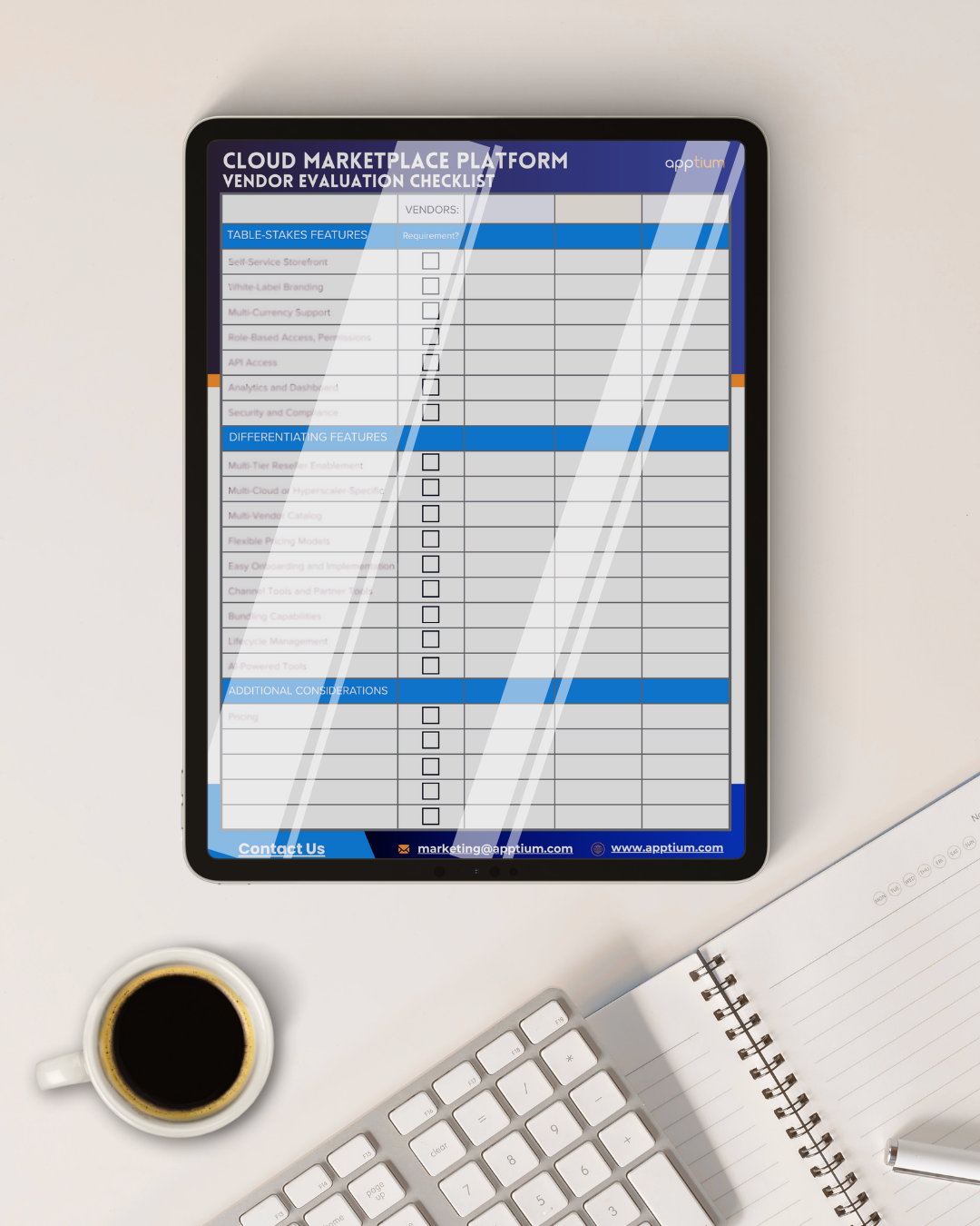 A preview image of a Cloud Marketplace Platform Vendor Evaluation Checklist, on a tablet with a cup of coffee, a keyboard, and a notebook.