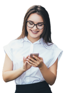 Smiling woman with glasses using a smartphone wearing a white blouse and black skirt.