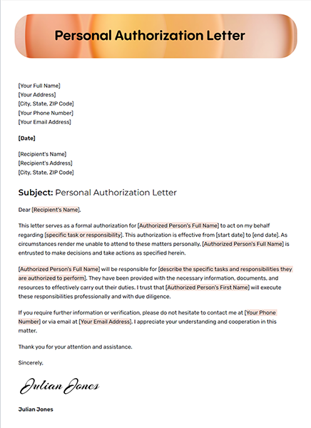 Personal Authorization Letter by bit.ai