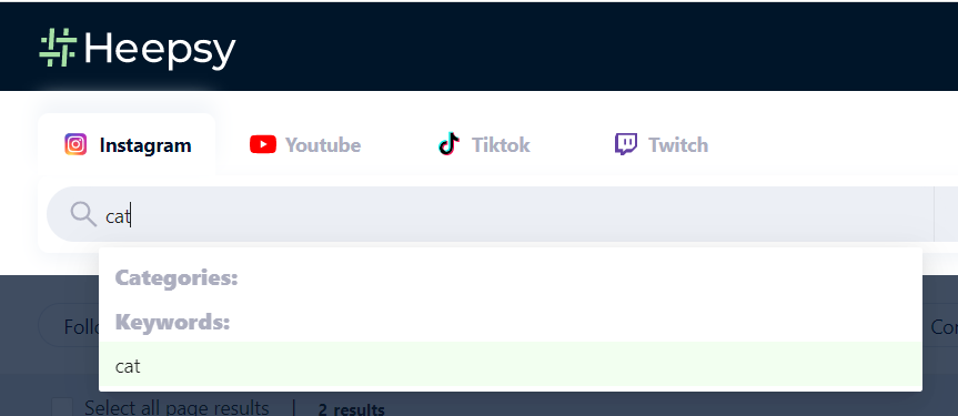 How to search for the cat keyword on Heepsy