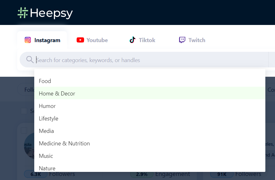 Categories filter with Heepsy