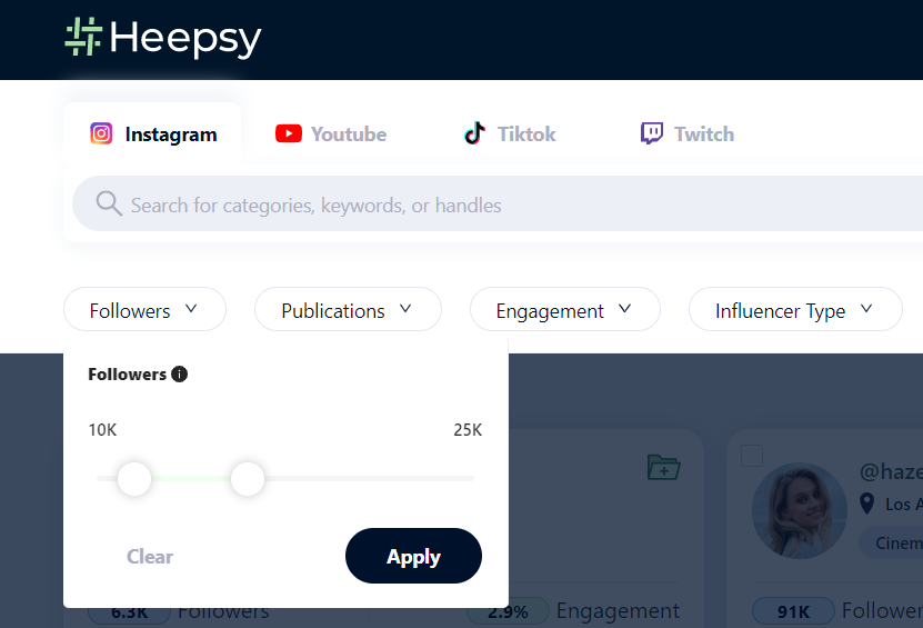 Followers filter with Heepsy