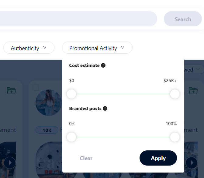 Heepsy's promotional activity filter.