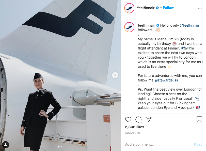 FinnAir allows its cabin crew to do takeovers, an idea you can use on your brand's social media profiles.