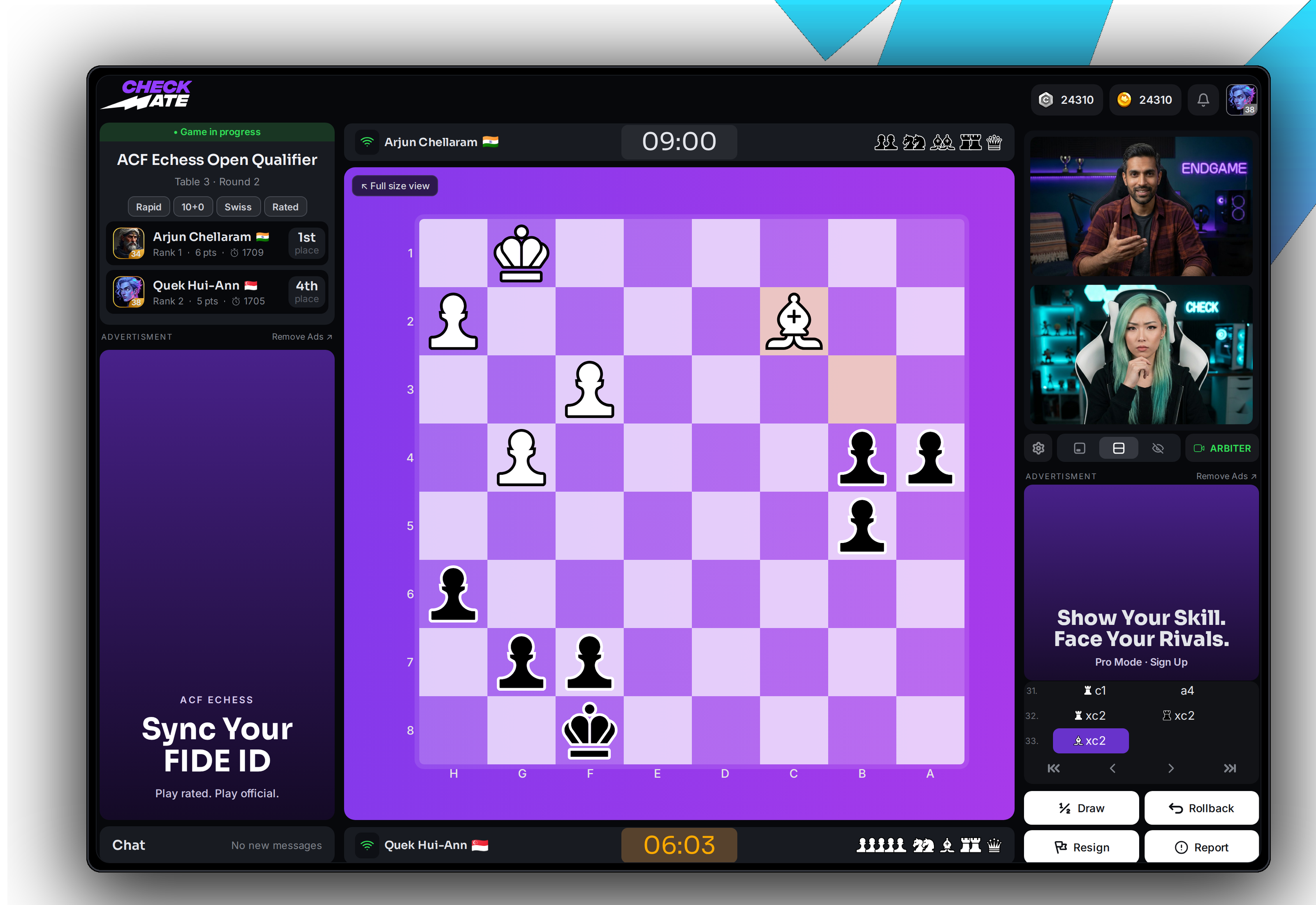 Checkmate Live player view — live video board