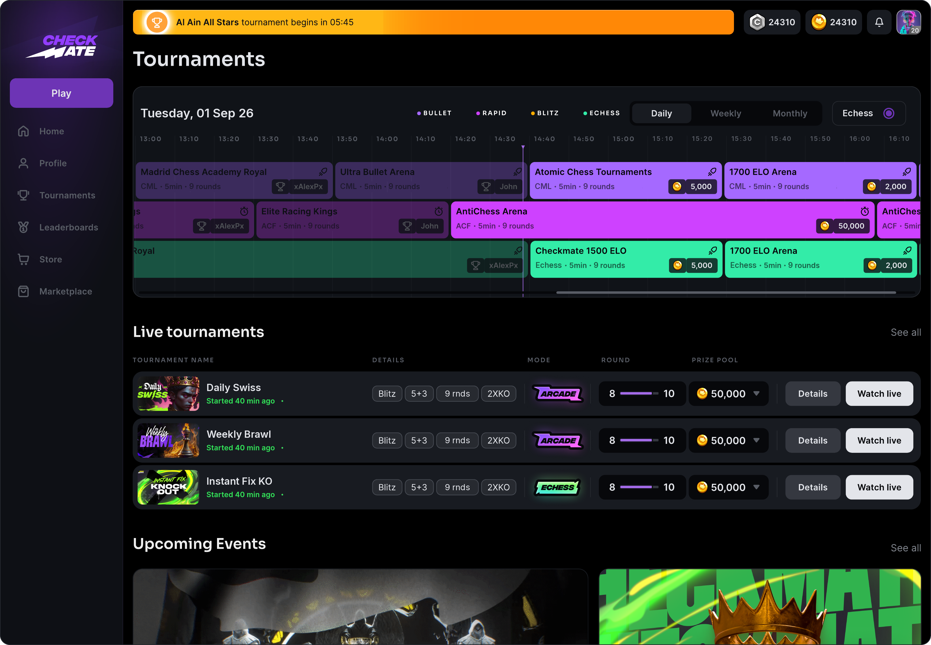 Checkmate Live tournament view — schedule and standings