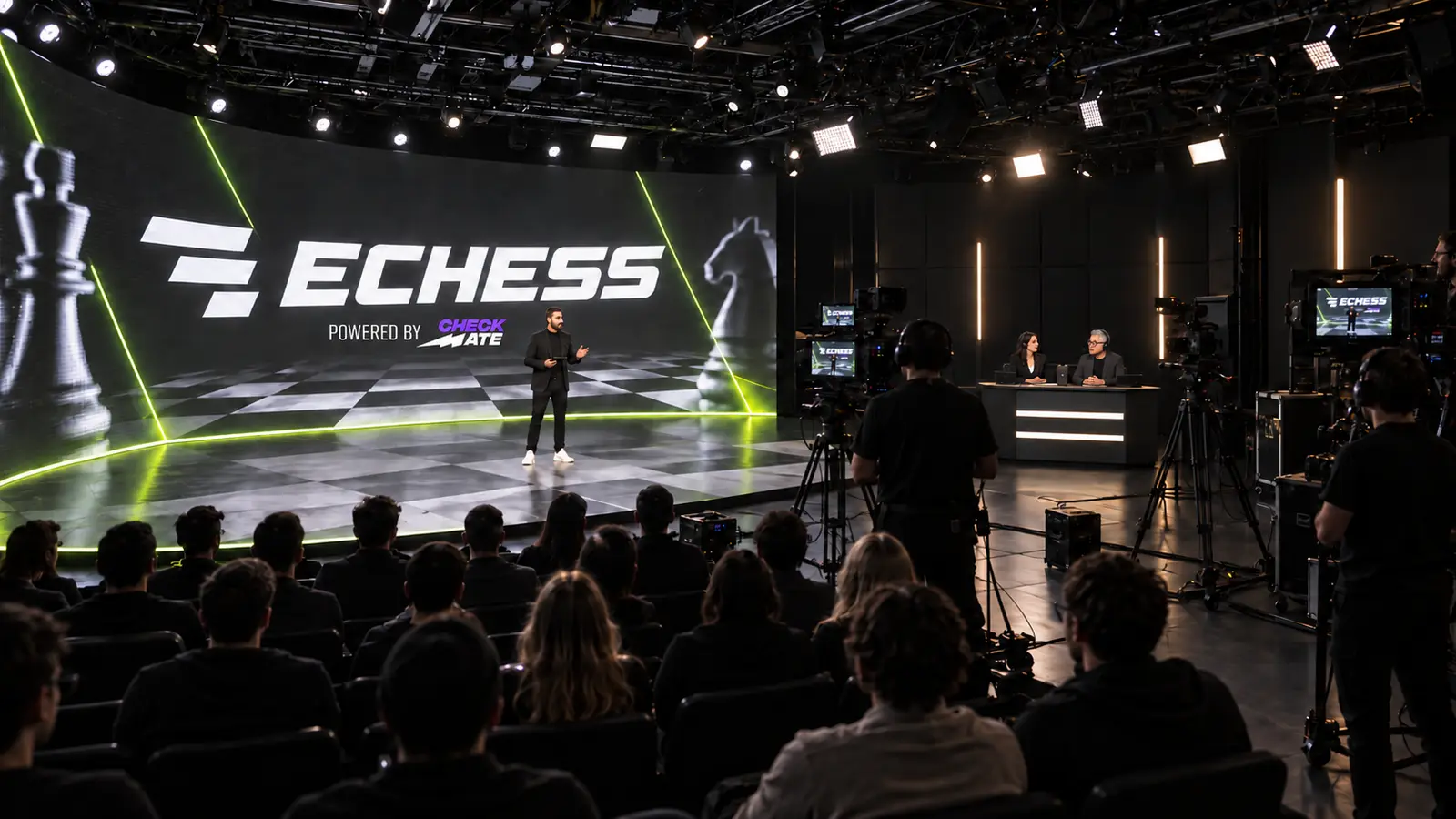 An Echess broadcast in an XR studio — LED volume, camera crew, presentation desk and a seated audience