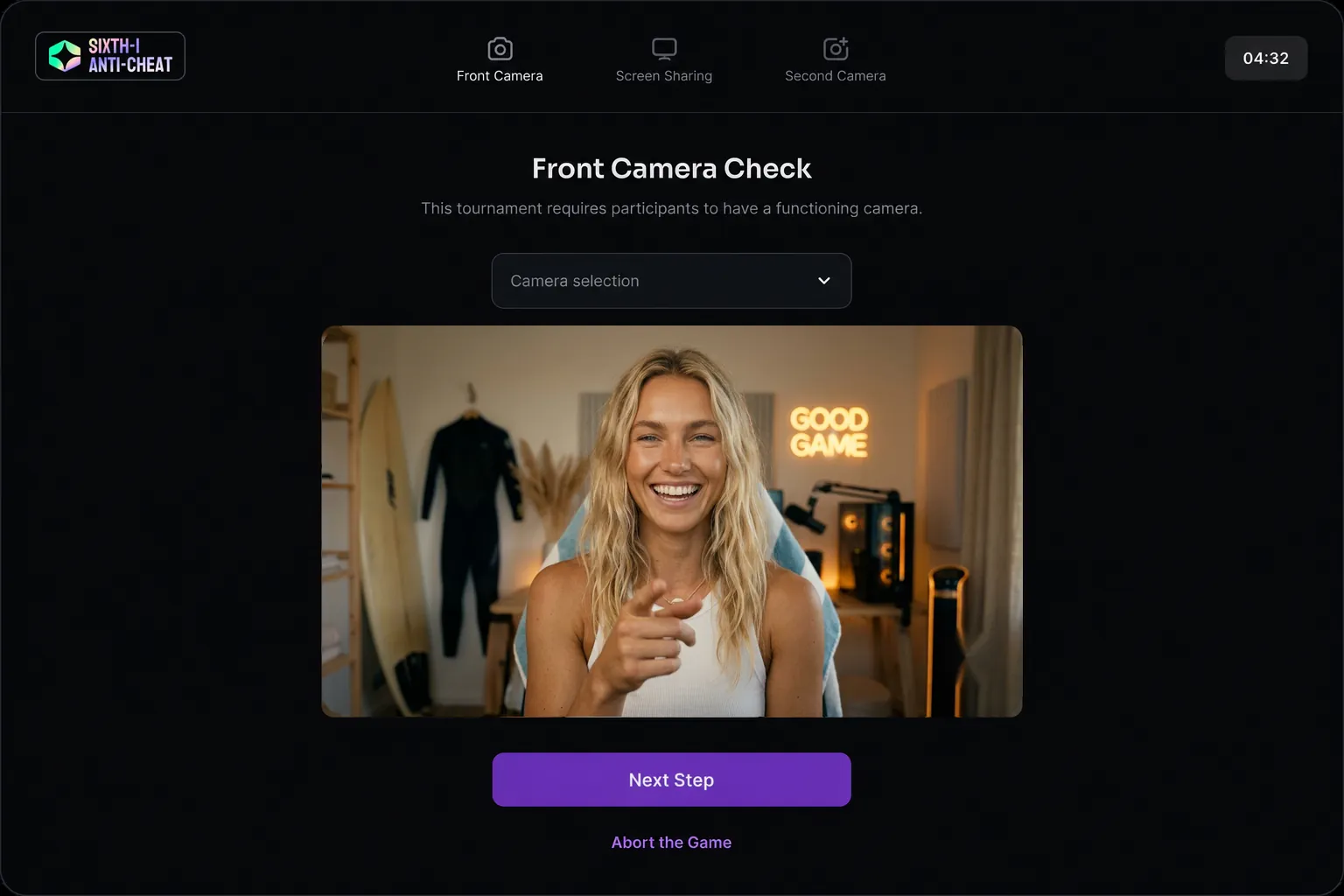 The Checkmate Live front camera check with the Sixth-i Anti-Cheat mark in the top bar