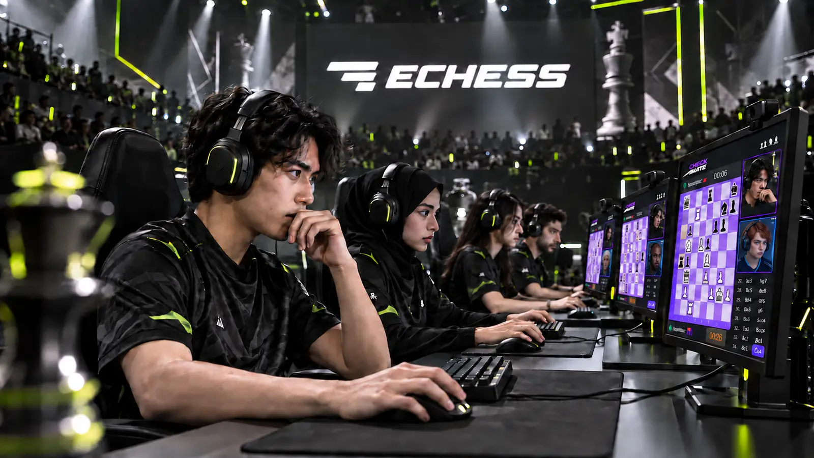 Echess competitors at an arena LAN, playing on the Checkmate Live board with player cameras on screen