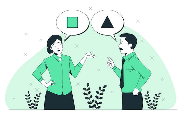 Dos personas hablando pero sin entenderse.