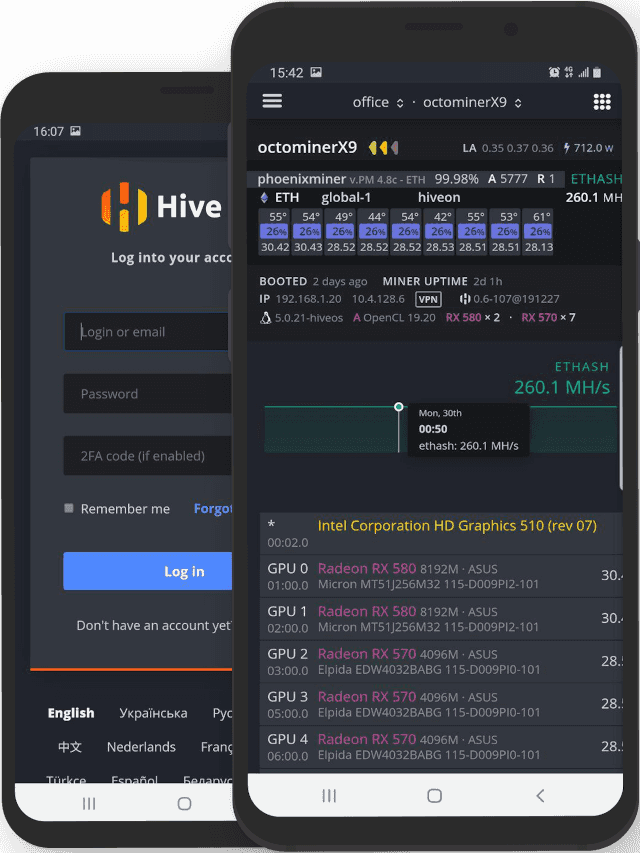 HiveOS mining app on smartphone: login screen and worker overview - Cryptohall24