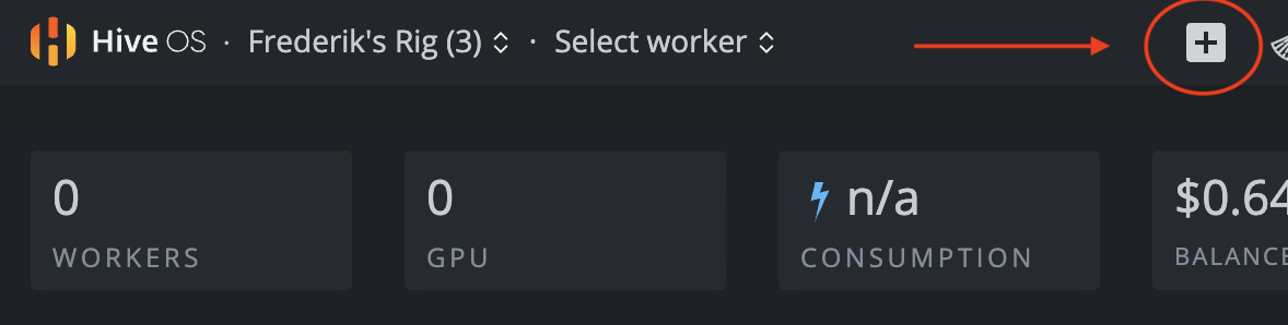 HiveOS dashboard: arrow pointing to the plus button to add a worker - Cryptohall24