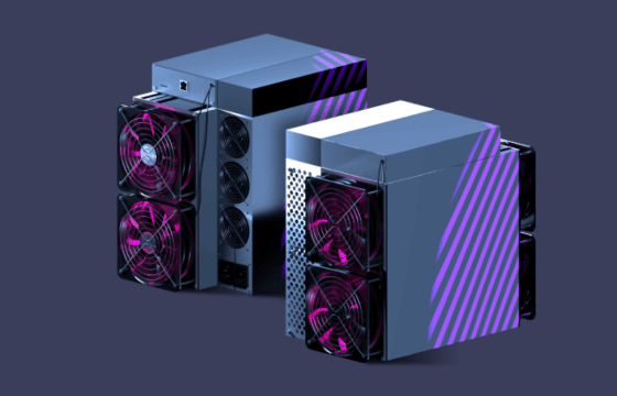 ASIC Miner: stilisiertes 3D-Rendering mit lila Akzenten - Cryptohall24