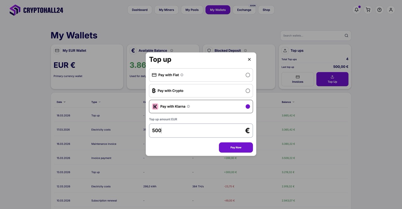 Cryptohall24 customer dashboard: top up balance via fiat, crypto or Klarna - Cryptohall24