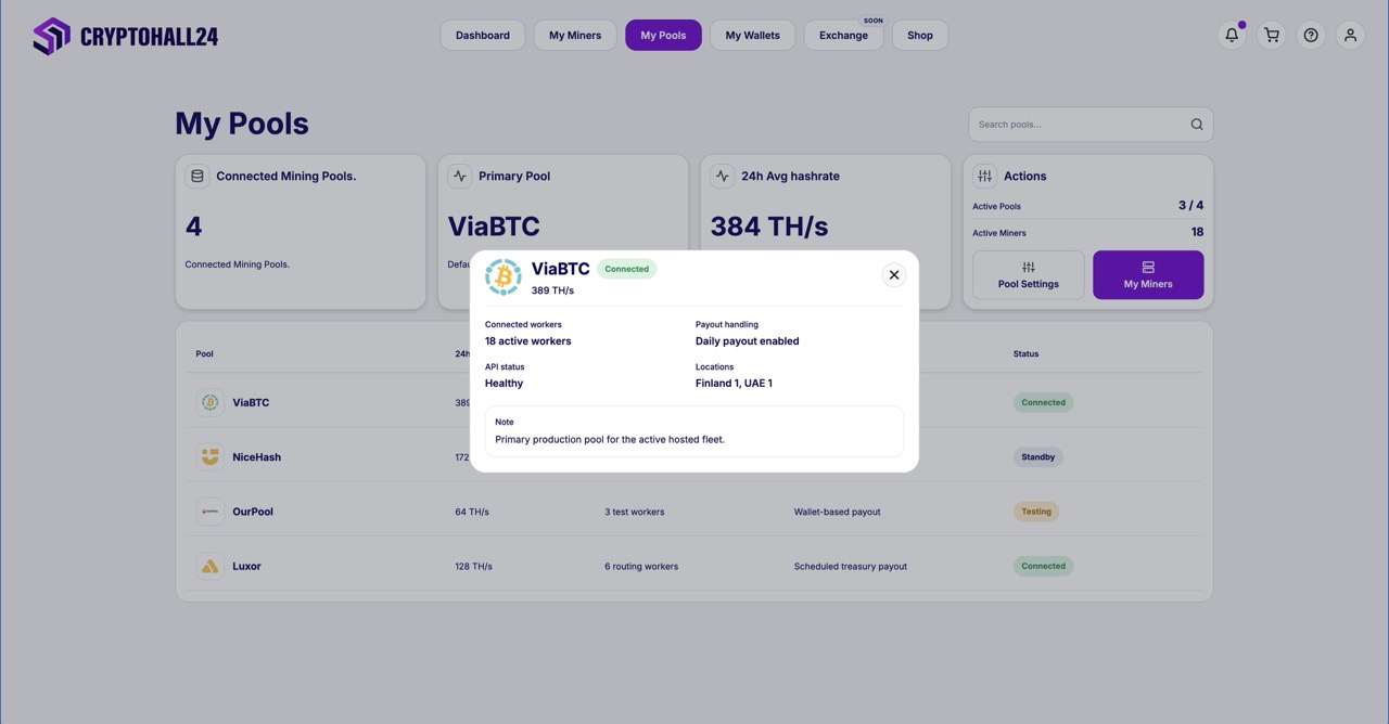 Cryptohall24 customer dashboard: mining pool details with hashrate - Cryptohall24