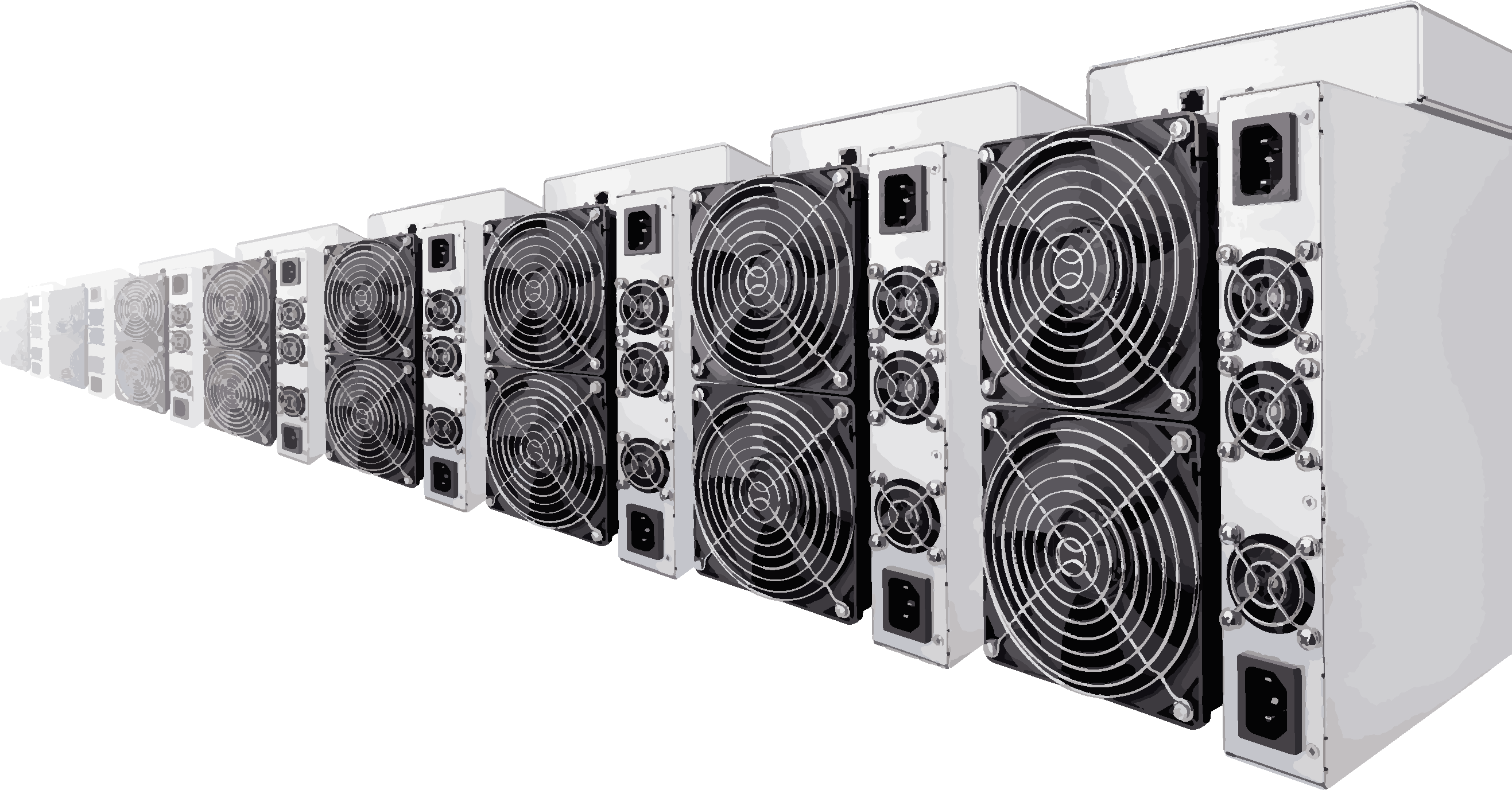 ASIC-Miner in einer Reihe: 3D-Illustration mehrerer Mining-Geräte - Cryptohall24