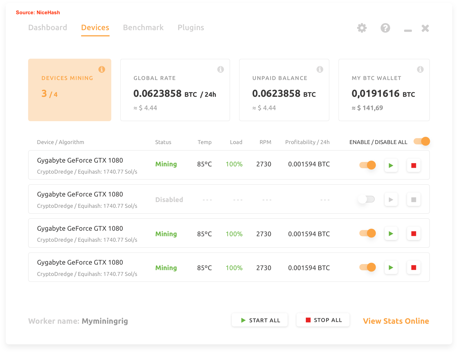NiceHash mining platform: interface with GPU mining devices and hash rate - Cryptohall24