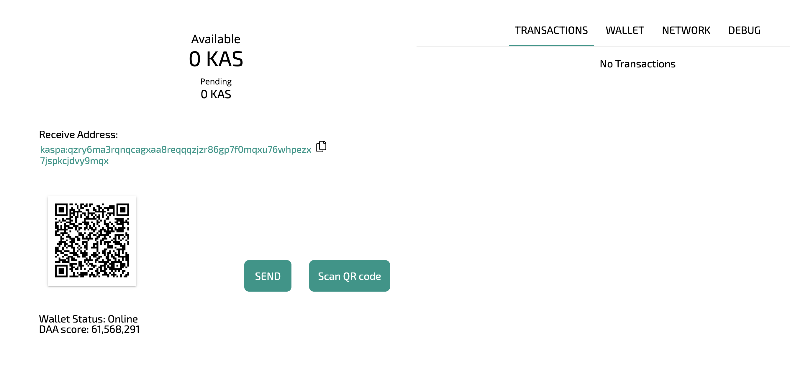 Kaspa Software-Wallet mit Empfangsadresse und QR-Code - Cryptohall24