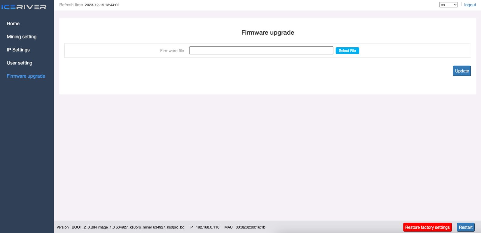 Firmware-Update-Oberfläche eines Mining-Geräts mit Mining- und IP-Einstellungen - Cryptohall24