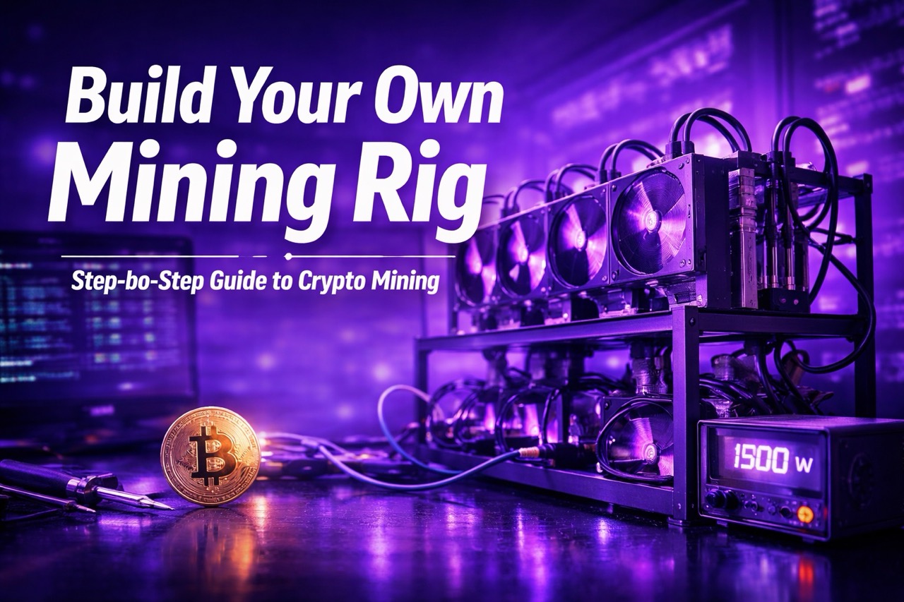 Banner 'Build Your Own Mining Rig': GPU-Mining-Rig mit Bitcoin-Münze - Cryptohall24