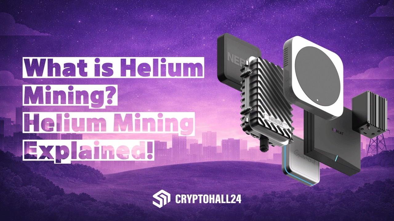 Banner 'Was ist Helium Mining? Helium Mining erklärt' mit HNT-Mining-Geräten - Cryptohall24