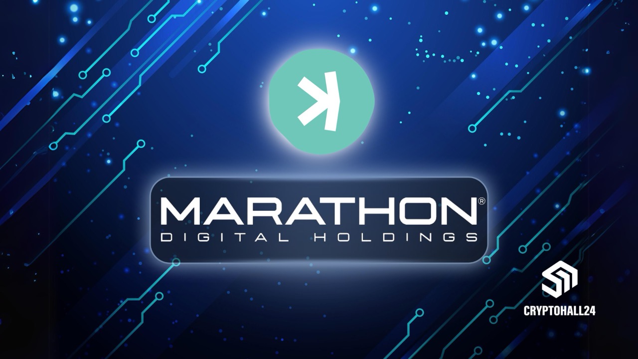 Marathon Digital Holdings und Kaspa: Logos auf digitalem Schaltkreis-Hintergrund, Blog-Titelbild - Cryptohall24