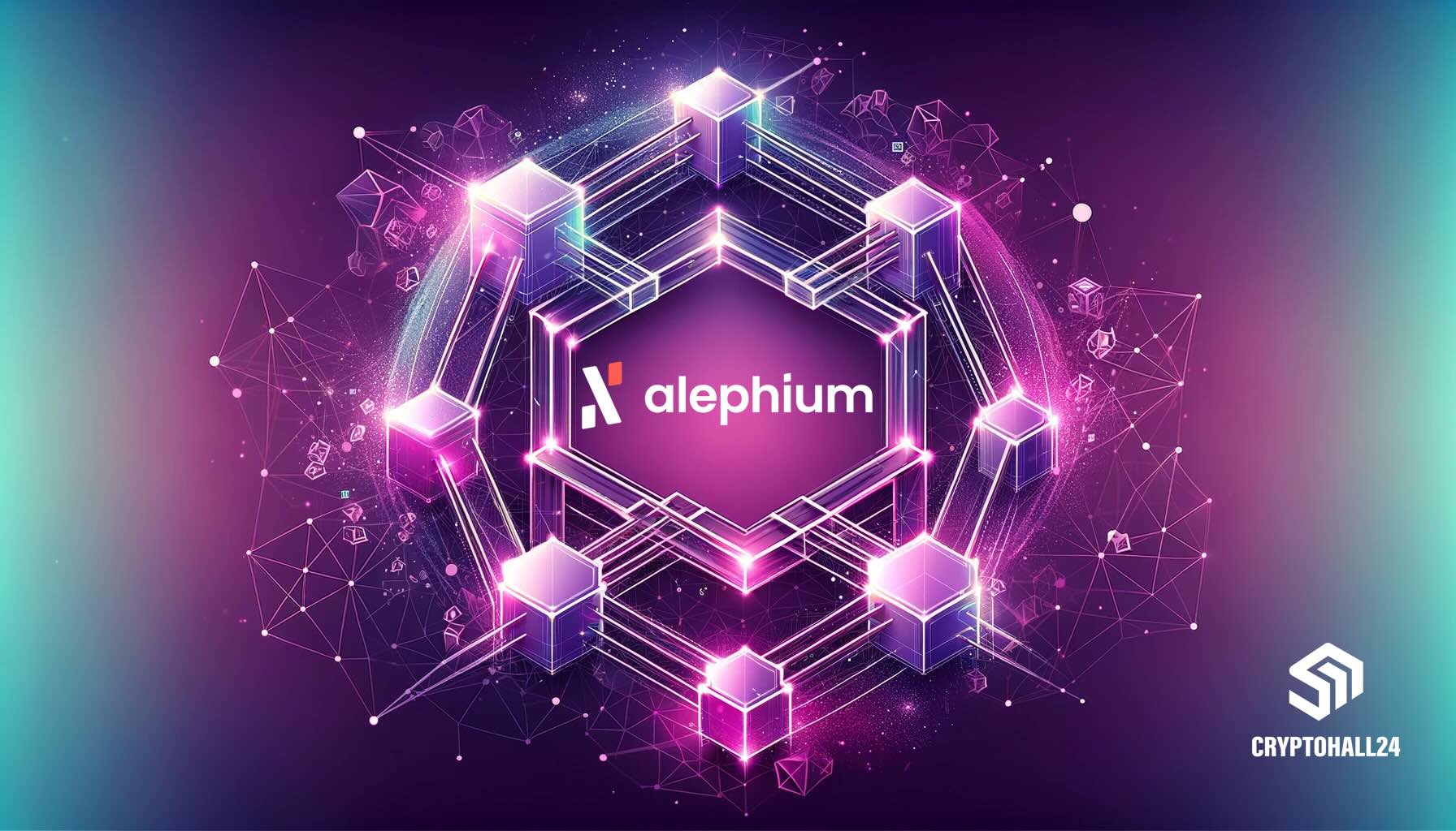 Alephium (ALPH) Logo in violettem Netzwerk-Hexagon, Illustration: Symbolbild Proof of Less Work - Cryptohall24