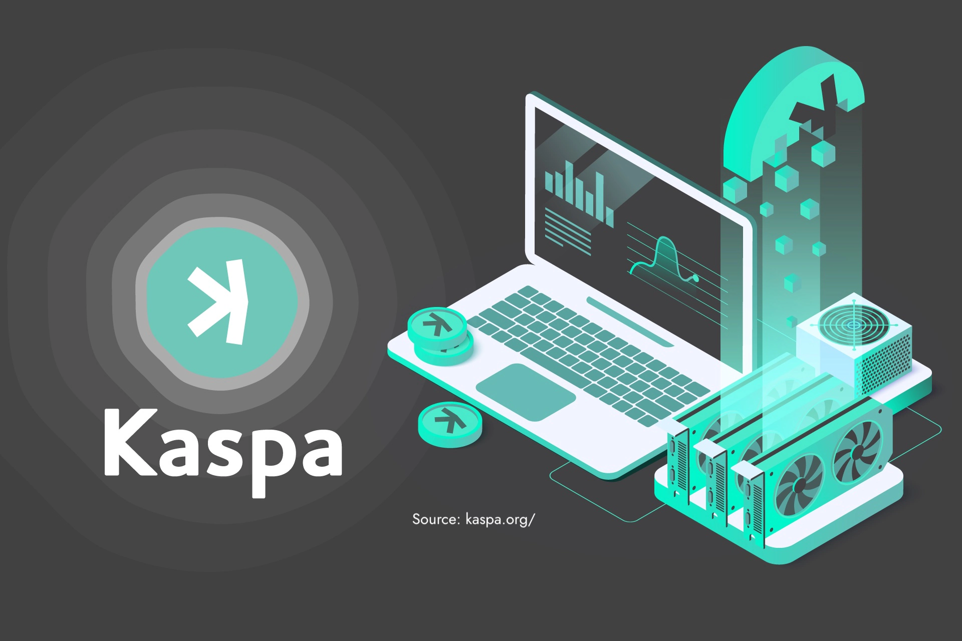 Kaspa (KAS): Logo neben Laptop-Illustration mit Kursdiagramm, Blog-Titelbild - Cryptohall24