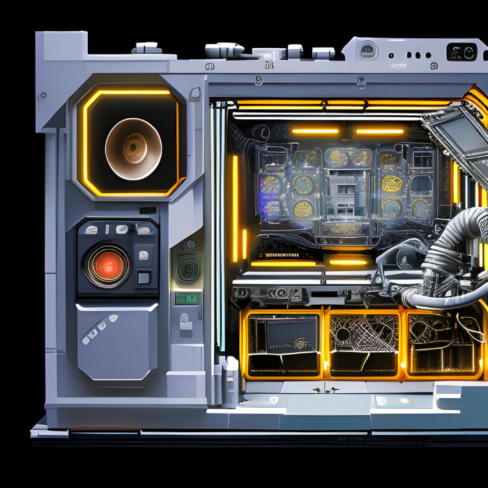 Stylized illustration of a self-built ASIC miner with control panel - Cryptohall24