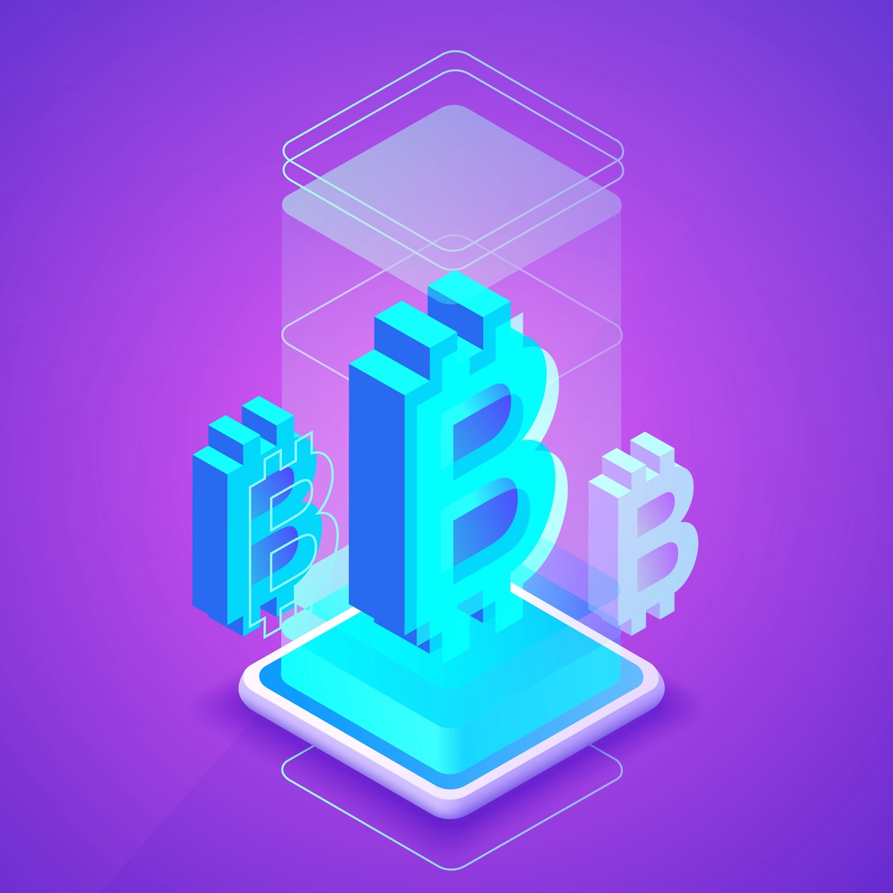 Bitcoin-Symbole auf Sockel, isometrische Illustration: Symbolbild Bitcoin-Mining - Cryptohall24
