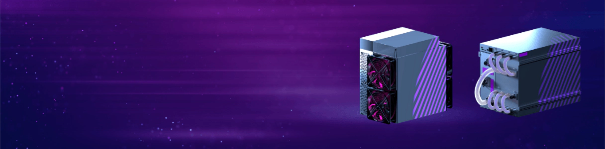 Banner mit zwei gebrauchten Mining-Rigs bzw. Servern auf violettem Hintergrund - Cryptohall24