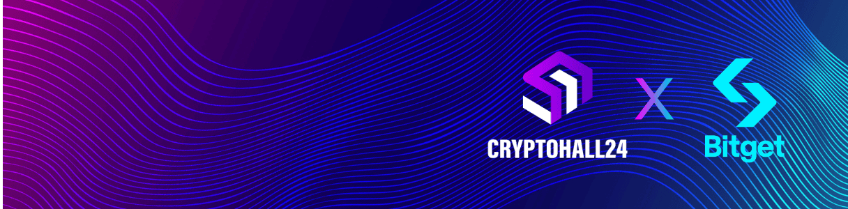 Cryptohall24 und Bitget Partnerschaft: Logos mit X-Symbol für Mining und Trading Cashback - Cryptohall24